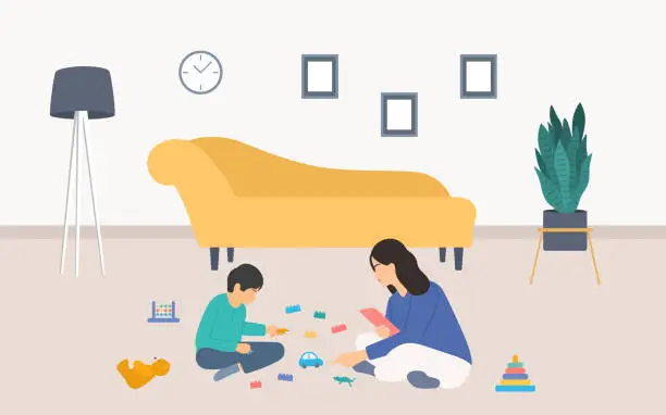 Vector illustration of Professional Child Psychologist Watching Little Boy With Toys At Psychotherapy Session. Child Psychology And Psychological Consultation