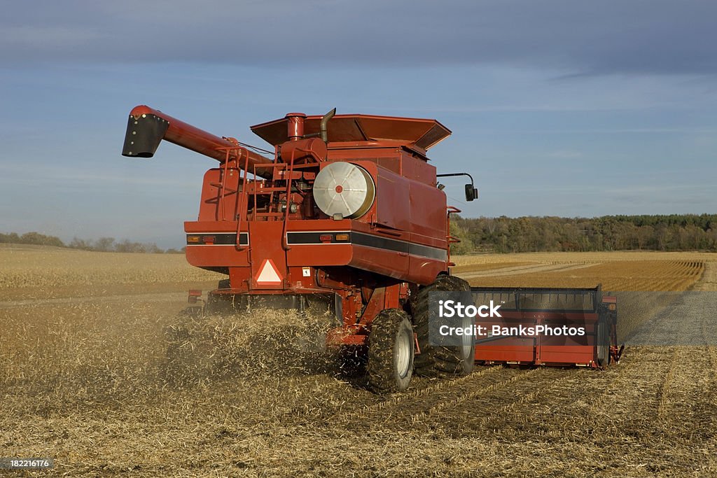 Падение Соя собирать урожай с большой красный сочетаются - Стоковые фото Machinery роялти-фри