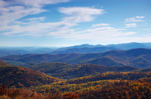 A wooden fence is in the foreground of a vista of autumn foliage at the Blue Ridge Parkway