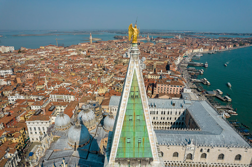 Aerial view of St Mark's square, Doge's Palace and St Mark's Basilica, Venice, Veneto, Italy, Europe.