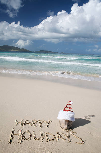 istock Happy Holidays Message on Beach Coconut Santa 182216691