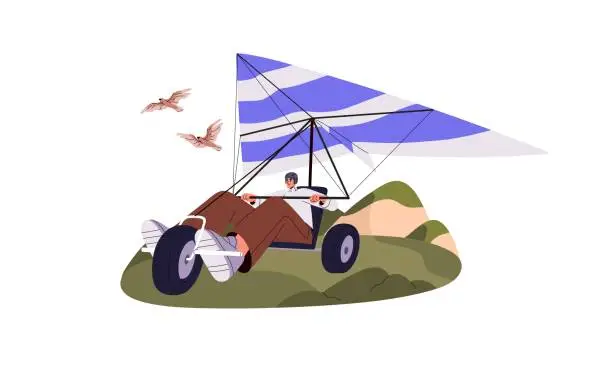 Vector illustration of Hang gliding with birds in sky. Happy man flying on hangglider in air. People paragliding on deltaplan. Flight on delta wing. Extreme sport, active hobby. Flat isolated vector illustration on white