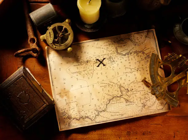 "Old treasure map with nautical navigation equipment and copy spaceTo see more of my nautical related images, click the links below."