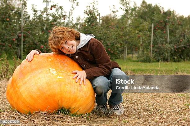 Junge Und Kürbis Stockfoto und mehr Bilder von Apfelgarten - Apfelgarten, Kind, Riesenkürbis