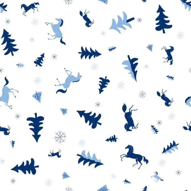 Vector illustration of Wild horses in the winter forest, seamless vector pattern