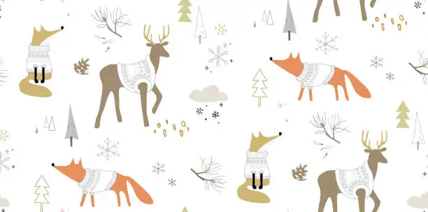 Vector illustration of Seamless winter pattern with foxes and deers in the forest