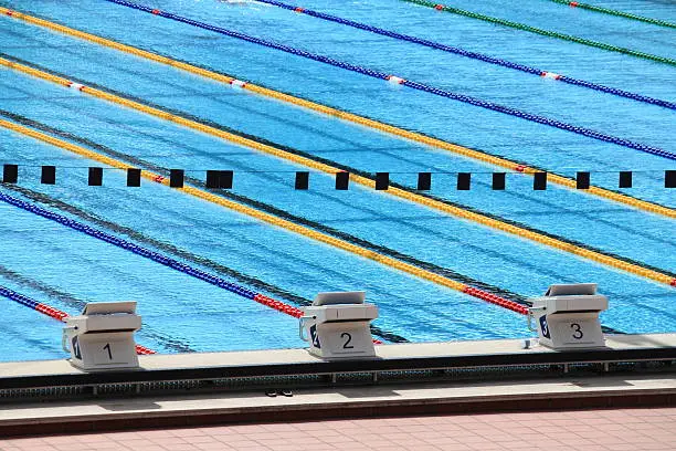 Starting blocks in a olympic swimming pool