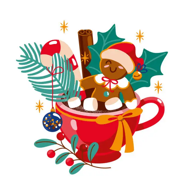 Vector illustration of Gingerbread man and cup of hot chocolate with marshmallow.