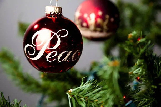 Red ornament on a Christmas tree by the window.  Horizontal.  Peace on ball in foreground, Wisemen in background.