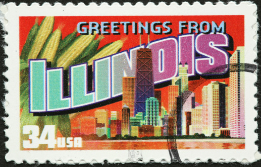 Chicago skyline on an Illinois stamp.