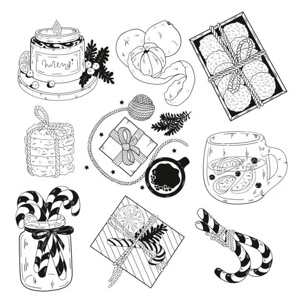 Vector illustration of a set of different items on the theme of new year and Christmas