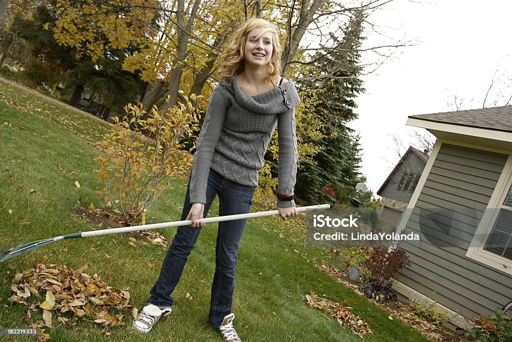 Girl Raking Leaves A young teen outside raking leaves on a beautiful autumn day. 14-15 Years Stock Photo