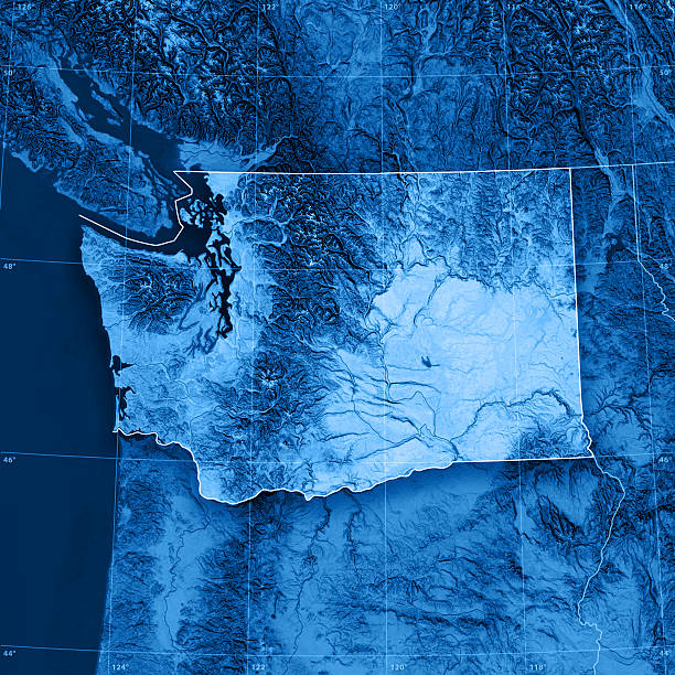 Washington Topographic Map "3D rendering and image composing: Topographic Map of the State of Washington. Including state borders, rivers and accurate longitude/latitude lines. High resolution available! High quality relief structure!Relief texture and satellite images courtesy of NASA. Further data source courtesy of CIA World Data Bank II database.Related images:" pacific northwest region stock pictures, royalty-free photos & images