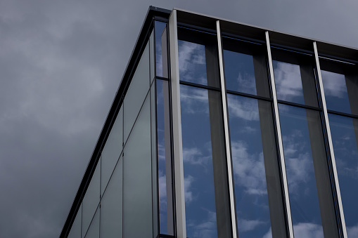 Rheinauhafen skyline reflected in glass facade