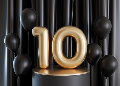 Golden number ten and floating helium balloons on black background. Symbol 10. Tenth birthday party, business anniversary. Festive event. Elegant, luxury numbers. 3D render