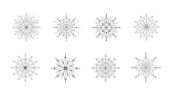 Collection of snowflakes. Set of ornaments and floral patterns. Elegant delicate silhouettes. Black and white vector isolated on white. Winter patterns. Collection of Christmas and New Year elements.