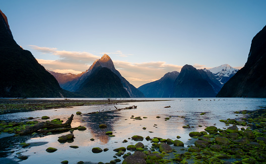 The spectacular landscape around Mitre Peak and Milford Sound, in the Fiordland National Park on New Zealand's South Island.
