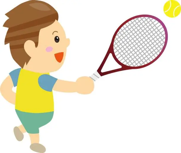 Vector illustration of Smiling man catching a tennis ball with a racket / illustration material (vector illustration)