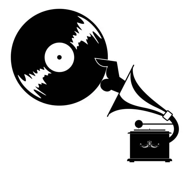 Vector illustration of Retro record player. Hand holding a long playing record