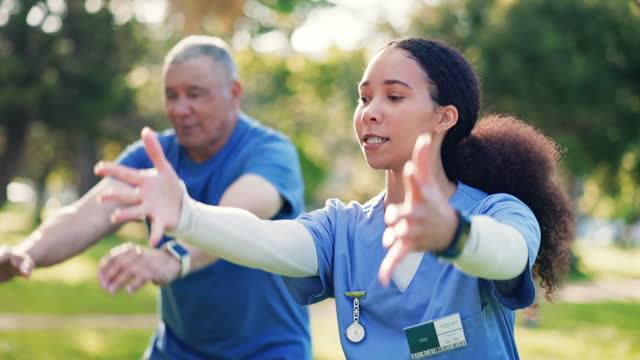 Nurse, tai chi stretching and outdoor with senior man and caregiver with exercise and wellness in a park. Support, physical therapy and healthcare professional with physio and retirement with care