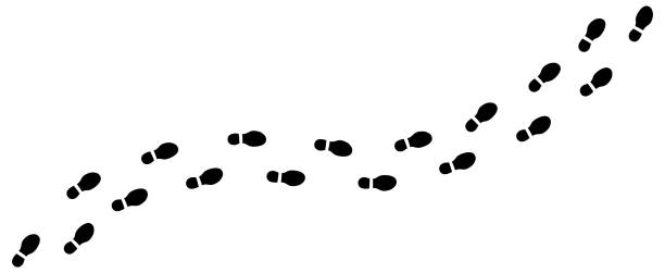 Human step footprints paths. Trace of foot prints of person in boots. Track from shoe sole prints. Road of human feet. Footstep trekking. Silhouette. Step by step. Black Vector isolated on white. Human step footprints paths. Trace of foot prints of person in boots. Track from shoe sole prints. Road of human feet. Footstep trekking. Silhouette. Step by step. Black Vector isolated on white kids dirty shoes stock illustrations