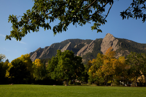 The Boulder Flatirons as seen from Chataqua Park.