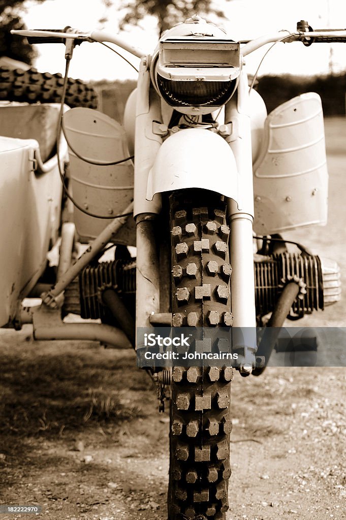 WW2 BMW Motorcylce. Front view of a WW2 German BMW Motorycycle.Focus is on the tread. Concepts Stock Photo