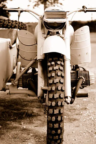 Front view of a WW2 German BMW Motorycycle.Focus is on the tread.