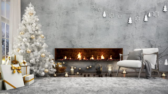 Fireplace and Christmas tree in modern style