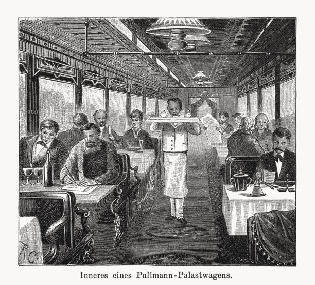 ilustraciones, imágenes clip art, dibujos animados e iconos de stock de interior de un vagón de ferrocarril pullman, grabado en madera, publicado en 1894 - pullman car