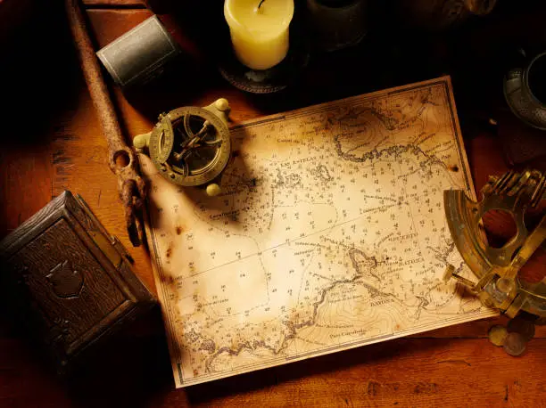 "Old treasure map with nautical navigation equipment and copy spaceTo see more of my nautical related images, click the links below."