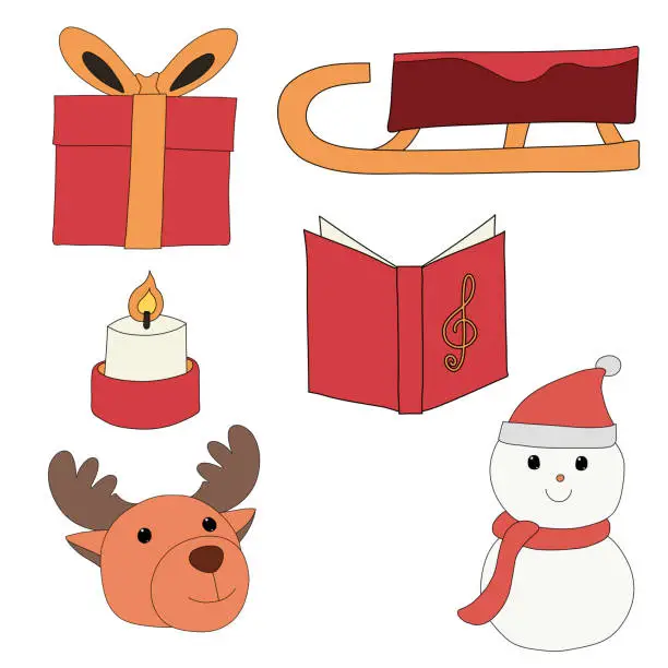 Vector illustration of A Christmas sleigh, gift box, candle, songbook, snowman, and reindeer in a hand-drawn minimal xmas concept, Vector
