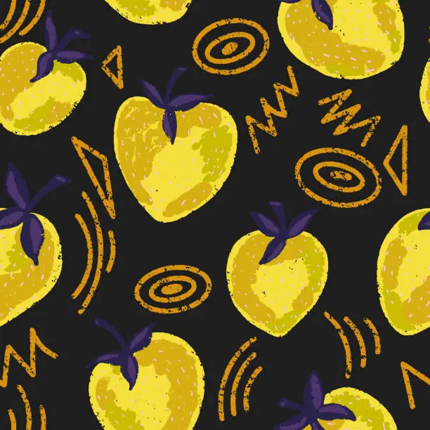 Vector illustration of Yellow strawberry with funny elements. The texture of pencil, pastel, gouache. Vector overlapping seamless pattern.