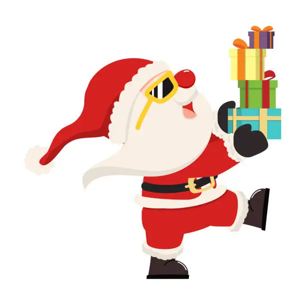 Vector illustration of Santa Claus holding stack presents