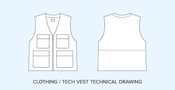 Editable Line Art Vector of Tech Vest, Isolated Background. Detailed Black & White Clothing Schematics, Two Sides of Garment, Front and Back Designs.