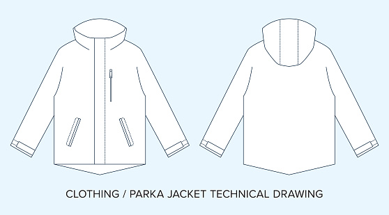 Editable Line Art Vector of Parka Jacket with Pockets, Isolated Background. Detailed Black & White Clothing Schematics, Two Sides of Garment, Front and Back Designs.