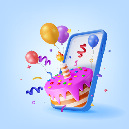 3D Smartphone and Cake with Candle and Confetti. Render Phone with Chocolate Cake Decorated with Glaze Icing. Sweet Party Pie, Online Holiday Anniversary, Celebration Dessert Gift. Vector Illustration