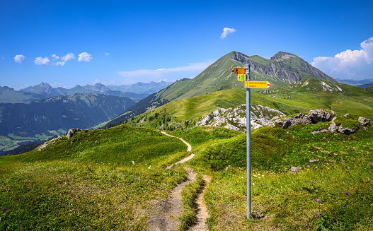 Directions indicator of hiking trails in the Swiss Alps