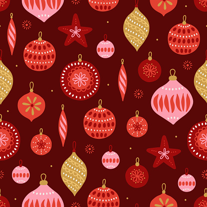 Christmas seamless pattern with stars, balls, baubles, snowflakes on dark red background. Perfect for wallpaper, gift paper, winter greeting cards. Vector illustration