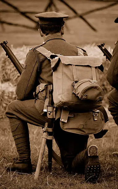 Close-up shot of the equipment used by the WW1 British soldier during the great war.