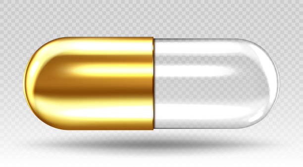 istock Golden transparent medical capsule isolated on transparent background. Vector realistic illustration 1822261490