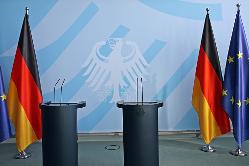 Press conference room in the German Chancellor's Office in Berlin.