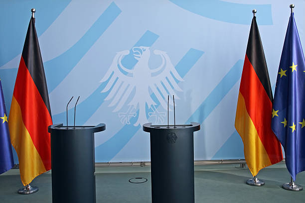Press conference Press conference room in the German Chancellor's Office in Berlin. chancellor of germany photos stock pictures, royalty-free photos & images