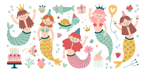 Cute pretty girlish mermaid birthday character swimming, waving hands with invitation, gesturing hello isolated set with marine inhabitant, different party accessories and supplies vector illustration