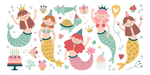 Vector illustration of Cute pretty girlish mermaid birthday character swimming, inviting waving hands, gesturing hello