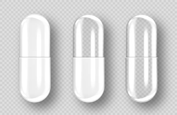 stockillustraties, clipart, cartoons en iconen met empty pill capsules isolated on transparent background. vector realistic pharmaceutical capsule - pil
