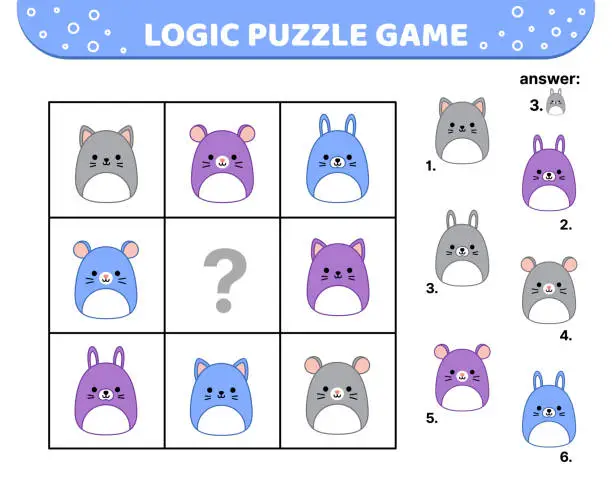 Vector illustration of Logic puzzle game. Mouse, cat, hare. For kids. Squishmallow. Cartoon, kawaii