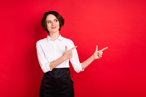 Photo of optimistic nice brunette hair lady point look empty space wear shirt isolated on red color background