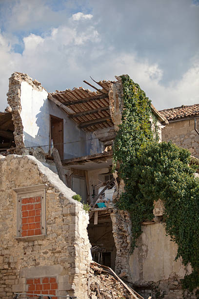 Danger, War Zone A detail of destroyed house in Istrien (Croatia) after the war schutt stock pictures, royalty-free photos & images