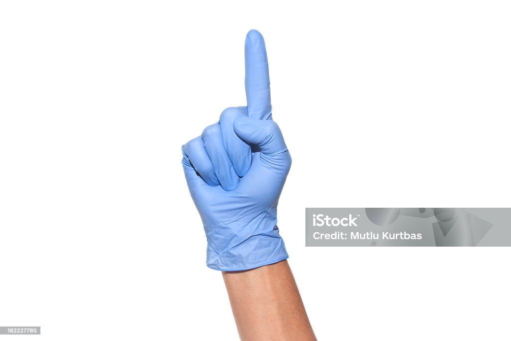 Hand and one finger Blue gloved hand and one finger Surgical Glove Stock Photo